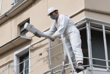 Three people are engaged in construction work, likely plastering or cementing a brick wall in an outdoor setting. Two men, one wearing a checkered shirt and a headscarf, and another in a bright orange shirt, are positioned near a third individual who is elevated on a scaffold. Light filters through surrounding trees, casting shadows and highlighting dust particles in the air.