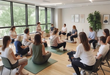 A person engaging in a video call with a therapist, surrounded by calming decor.