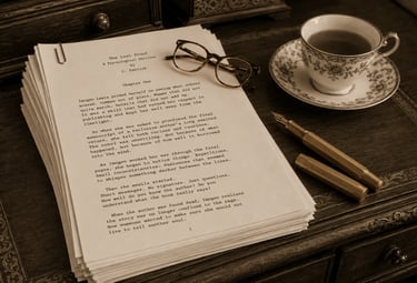 A full manuscript on an old desk with some reading glasses, fountain pen, and a cup of tea