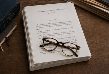 A full manuscript on a wooden desk with some reading glasses and dictionary