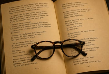 A pair of reading glasses on an open book