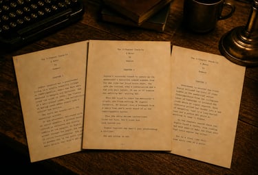 3 chapters of a manuscript fanned out on an old desk