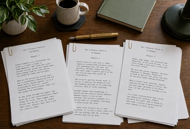 Three chapters of a manuscript fanned out on a wooden desk