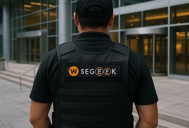 Guardia de seguridad privada en exteriores de edificio corporativo - Whosin Segeek