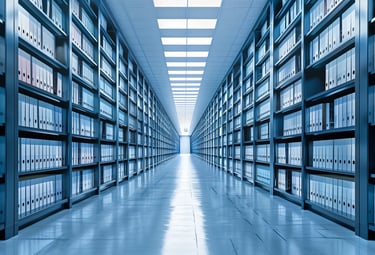 Long corridor flanked by cabinets with folders