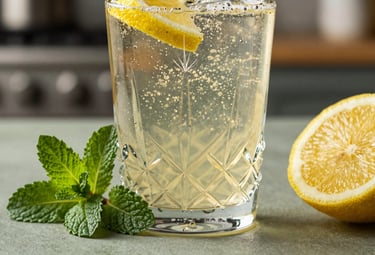 A sophisticated close-up of a crystal glass filled with a light, golden-hued Zen Infusion drink, sparkling with tiny bubbles. Fresh sprigs of mint and lemon slices are elegantly arranged nearby on a muted sage green surface in a North American / US luxury kitchen.