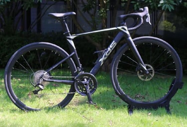 A black XDS road bike with disc brakes parked on a green lawn with a garden background.