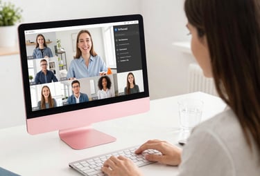 A sleek digital interface showing personalized AI workshop options with pink and white highlights.