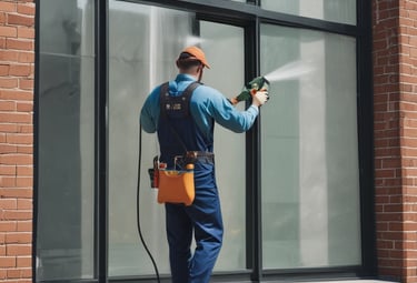 A worker is suspended on ropes, cleaning the windows of a large brick building. The person is equipped with cleaning gear, including a brush and a safety harness attached to a bucket of supplies. The window panes have visible streaks being cleaned, contrasted against the industrial background of brick and metal.
