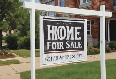 A real estate auction sign displaying the word 'SOLD' in bold red letters. The sign includes images of a home's interior featuring a living room with modern furniture, and it is set against the backdrop of trees and sky.