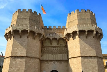 Imposing Gothic Serranos Towers, medieval city gates and iconic landmark of Valencia's historic
