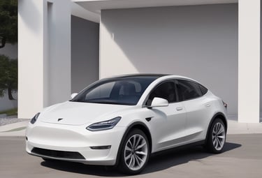 A white Tesla vehicle is pictured with its falcon-wing doors open, displaying a modern and sleek interior under a twilight sky. The car is parked on a concrete surface, visible in profile with branding on the door.