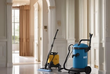 A person is seen sweeping a tiled stairway that runs alongside a stone wall in an urban area. The street is bordered by residential buildings with balconies. Another person in the background appears to be engaged in a similar cleaning activity, and a third person is walking down the steps.