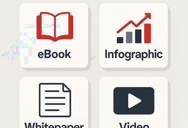 Four download option cards on light gray: a red open-book icon labeled ‘eBook,’ a red-and-gray bar.