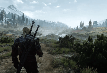 image of geralt walking down the dense forest
