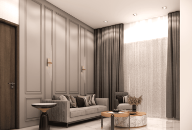 Interior design detail of living room sofa back panel paired with sofa and curtains