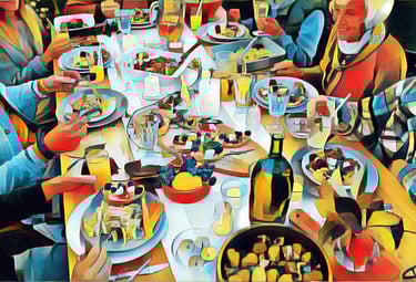a painting of a family dinner table with a family
