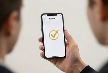 A professional photograph of a person in a Western European / Dutch professional setting holding a smartphone, displaying a clear digital receipt with a golden verification checkmark. Clean, bright composition against an off-white background.