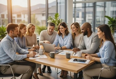 Equipo de marketing revisando estrategia de contenido SEO para empresas alrededor de una laptop