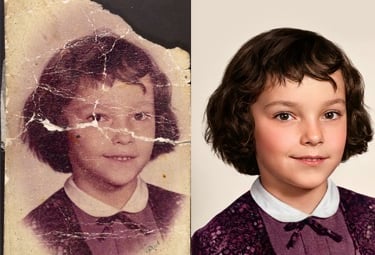 Side-by-side comparison of a damaged vintage photo of a girl and its professionally restored version.