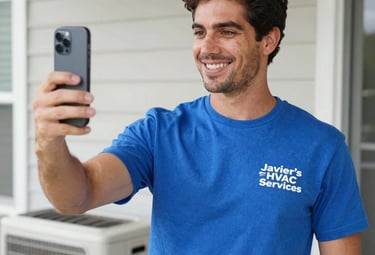 Smiling HVAC technician in a blue uniform taking a photo of an outdoor air conditioning unit with a smartphone.
