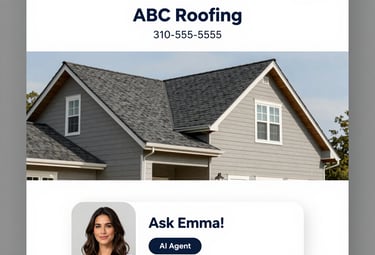 ABC Roofing website interface featuring high-quality asphalt shingle roof installation and AI customer support agent.