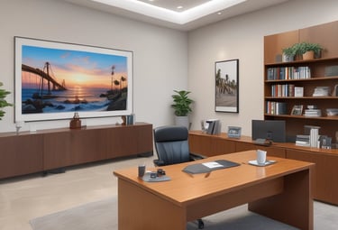 a large attorney or lawyer office with a desk and a tv