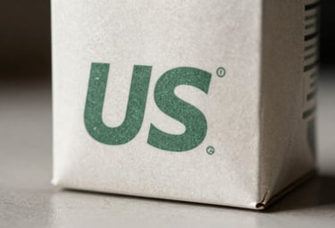 A photography shot of an auto-lock bottom carton standing on a clean surface. The packaging features a professional sage green logo on off-white recycled board. North American / US product style.