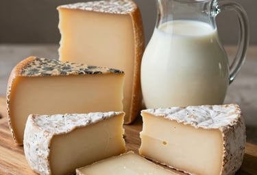 An elegantly composed close-up photograph showcasing a selection of artisanal dairy products. Featuring a variety of aged cheeses on a wooden board, accompanied by a ceramic pitcher of fresh, creamy milk. Soft, diffused natural light illuminates the scene, emphasizing the rich textures and inviting quality of the produce. The style is premium, rustic, and sophisticated, reflecting high-quality agricultural sourcing in a North American / International context.