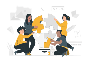 A creative team building a lightbulb puzzle representing business collaboration and innovation.