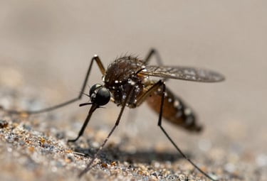 Close-up of a mosquito resting on a leaf, highlighting the focus on organic control.