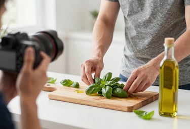 Photography of a professional photographer arranging fresh ingredients like basil and olive oil for a social media campaign photoshoot. Clean, bright, and professional setting.