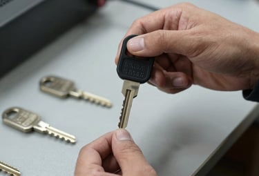 A locksmith skillfully working on a car door lock under soft garage lighting.