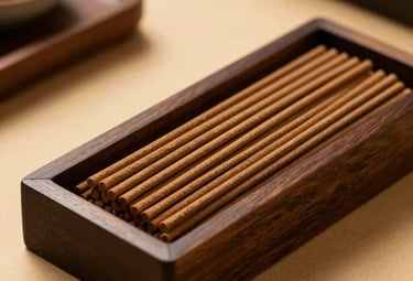 A premium product photography of natural incense sticks arranged beautifully in a dark minimalist wooden box, warm atmospheric golden lighting, luxurious Indonesia setting.