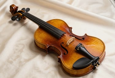 A studio photograph of a master-crafted violin with a rich mahogany varnish, resting on a soft ivory silk fabric. The grain of the wood is visible and sharp under professional lighting.