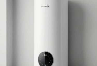 A modern thermodynamic water heater in a clean, minimalist interior utility room. Studio lighting highlighting the sleek design and energy-saving technology.