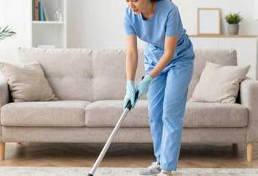 A professional cleaner vacuuming a living room with sunlight streaming through the windows.