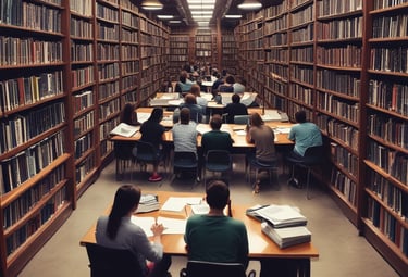 a man and woman sitting at a desk in a library