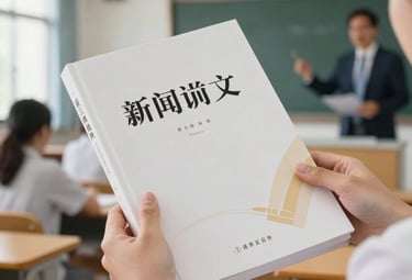 Close-up photography of a textbook being held by a teacher in a modern, well-lit classroom in Southeast Asia, focused on the clean design of the book cover with subtle gold accents.