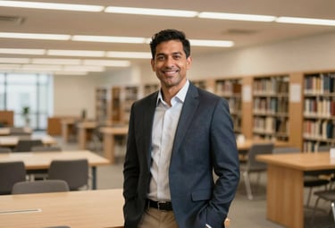 A professional portrait of a modern North American academic environment, featuring a brightly lit library with clean wooden tables and books, suggesting knowledge and empowerment. The lighting is warm gold and soft white.