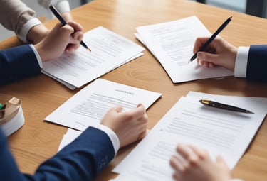 Close-up of hands exchanging signed loan documents.