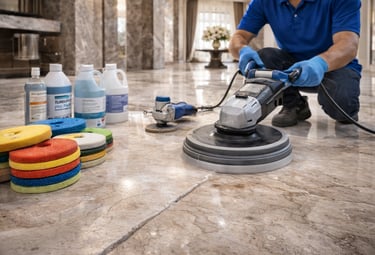 نقدم خدمات جلي وتلميع الرخام باستخدام أحدث المعدات لإعادة اللمعان الطبيعي، إزالة الخدوش، ومعالجة تفا