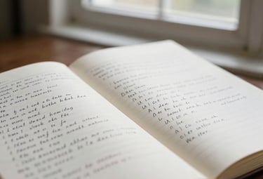 Close-up of a research notebook with handwritten methodology notes next to an open historical volume, soft natural window light, shallow depth of field, 35mm