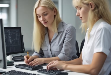 A professional teaching a small group of students using a digital tablet and fashion sketches.