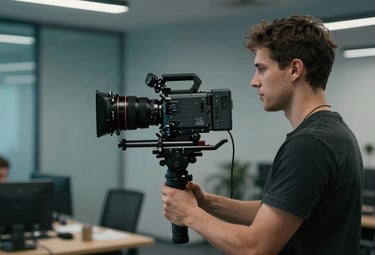 A professional filmmaker with a high-end cinema camera on a stabilizer, filming in a modern corporate setting. Professional lighting, deep teal and muted blue color palette.