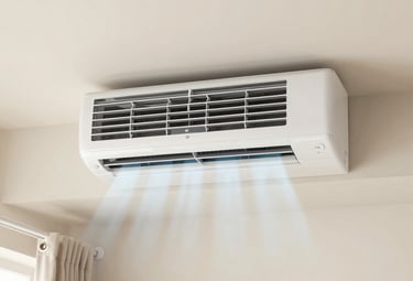 White wall-mounted air conditioner blowing cool air into a modern, light-filled room with a window and curtain.