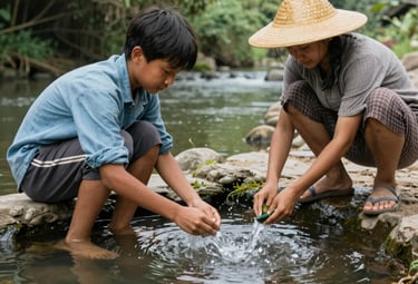 Elders sharing traditional ecological knowledge with a group of attentive community members outdoors.
