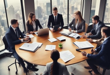 A professional team discussing property plans around a conference table.