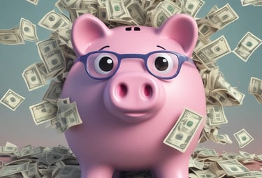Cartoon image of a piggy bank wearing sunglasses surrounded by green dollar signs.
