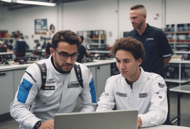 Race car speeding on track with telemetry data overlay graphics.